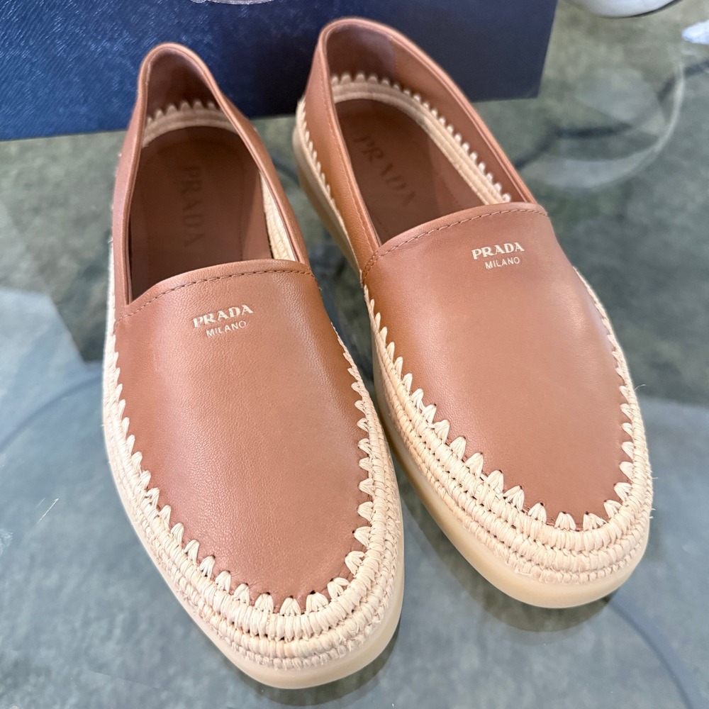 Prada Nappa Leather Mens Loafers Brown Espadrille Rope Trim SlipOn Shoes 2DG156